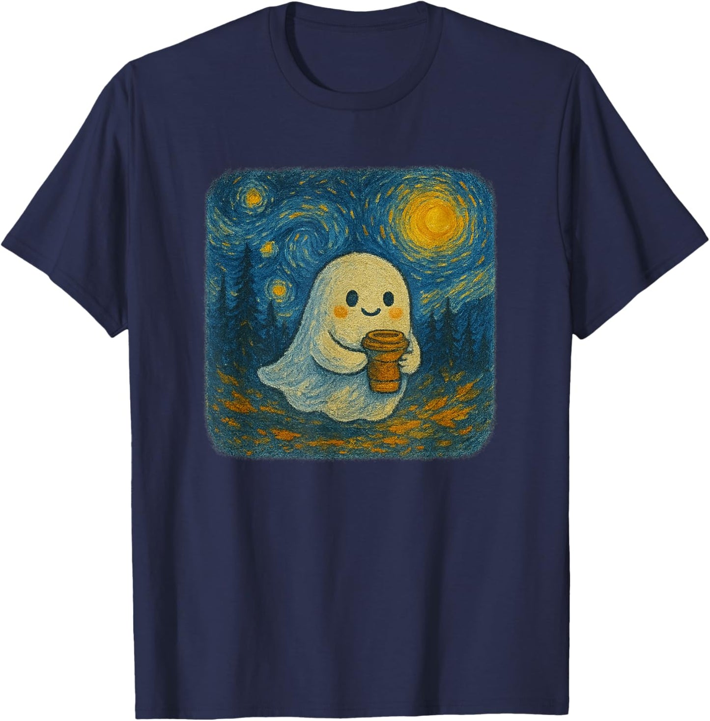 Funny Ghost Pumpkin Spice Latte Starry Night Halloween T-Shirt - T-Shirt | Navy