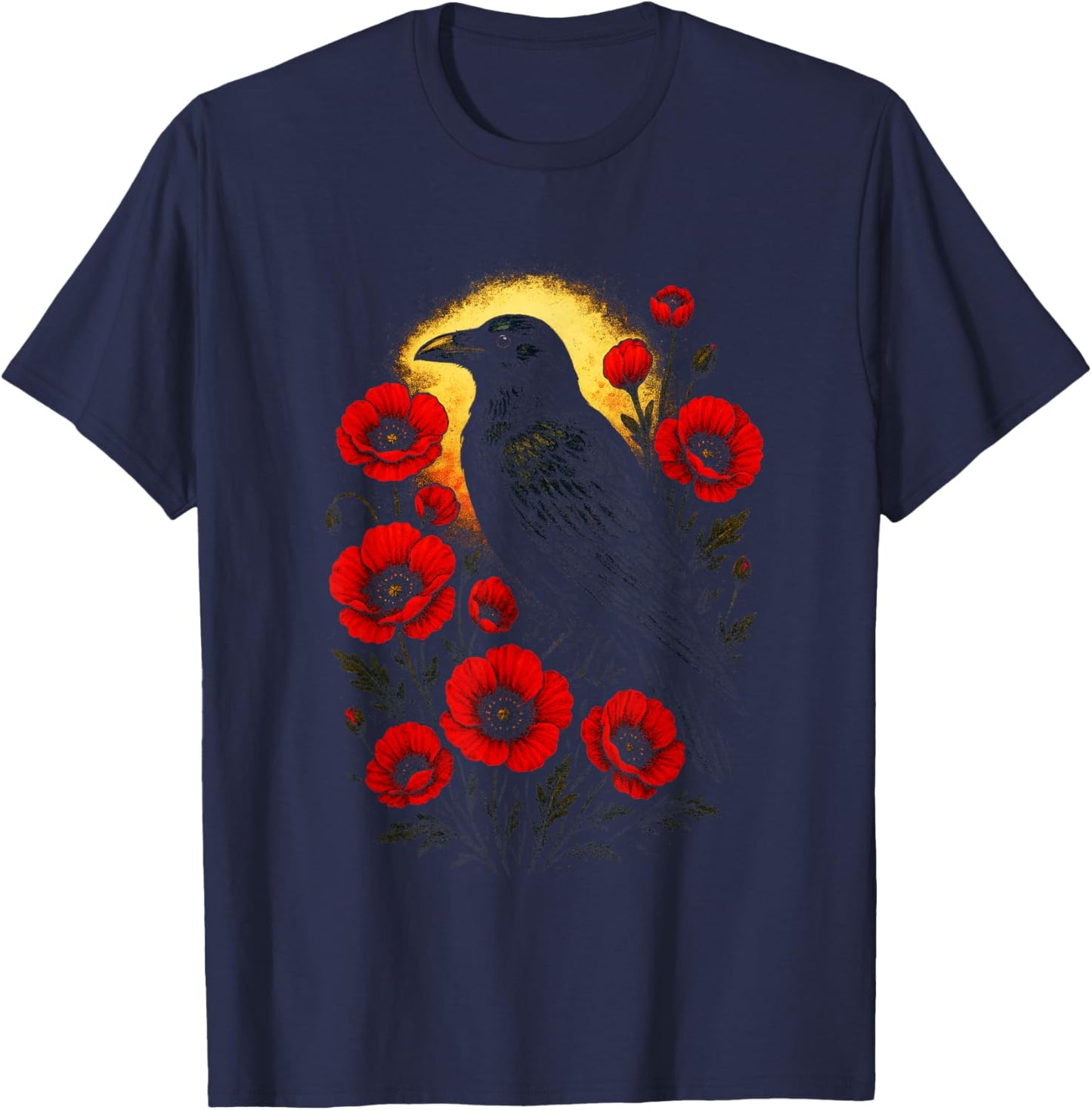 Gothic Raven and Roses - Vintage Enchanted Art T-Shirt - T-Shirt | Navy