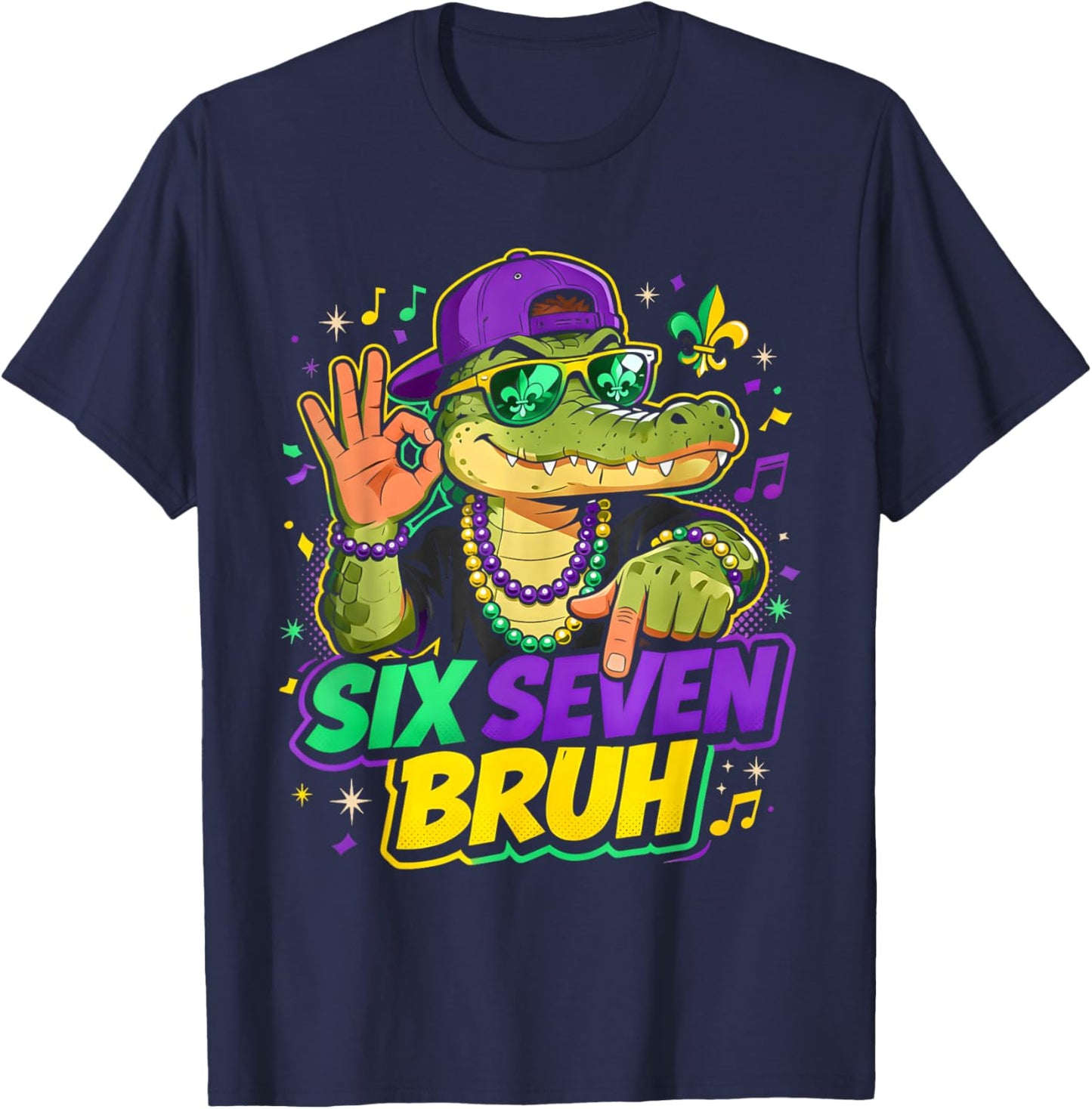 Mardi Gras Six Seven Bruh Mardigator Alligator 6 7 Meme Boys T-Shirt - T-Shirt | Navy