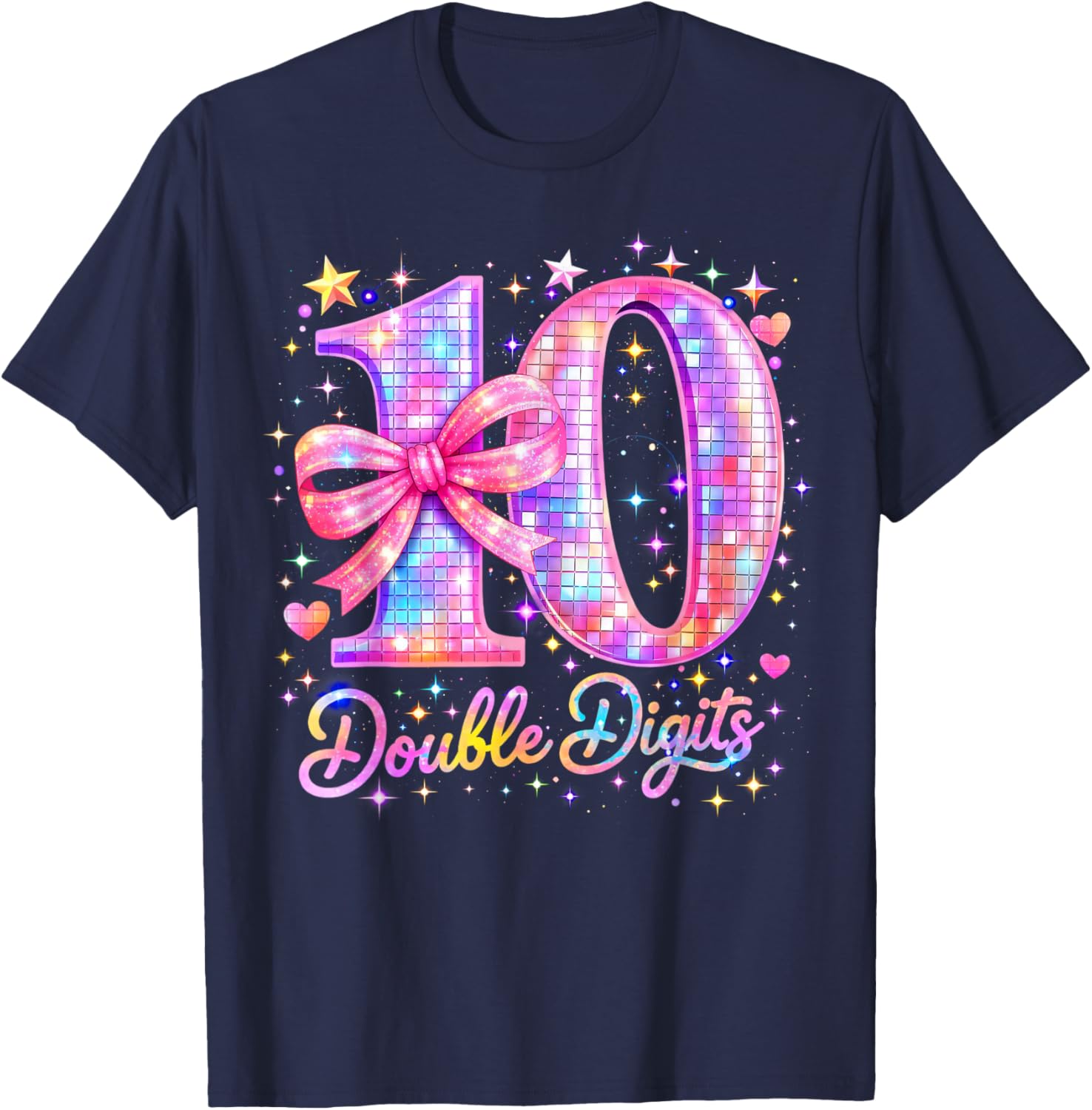 10th Birthday Girl Pink Coquette Bow 10 Year Old Disco Ball T-Shirt - T-Shirt | Navy
