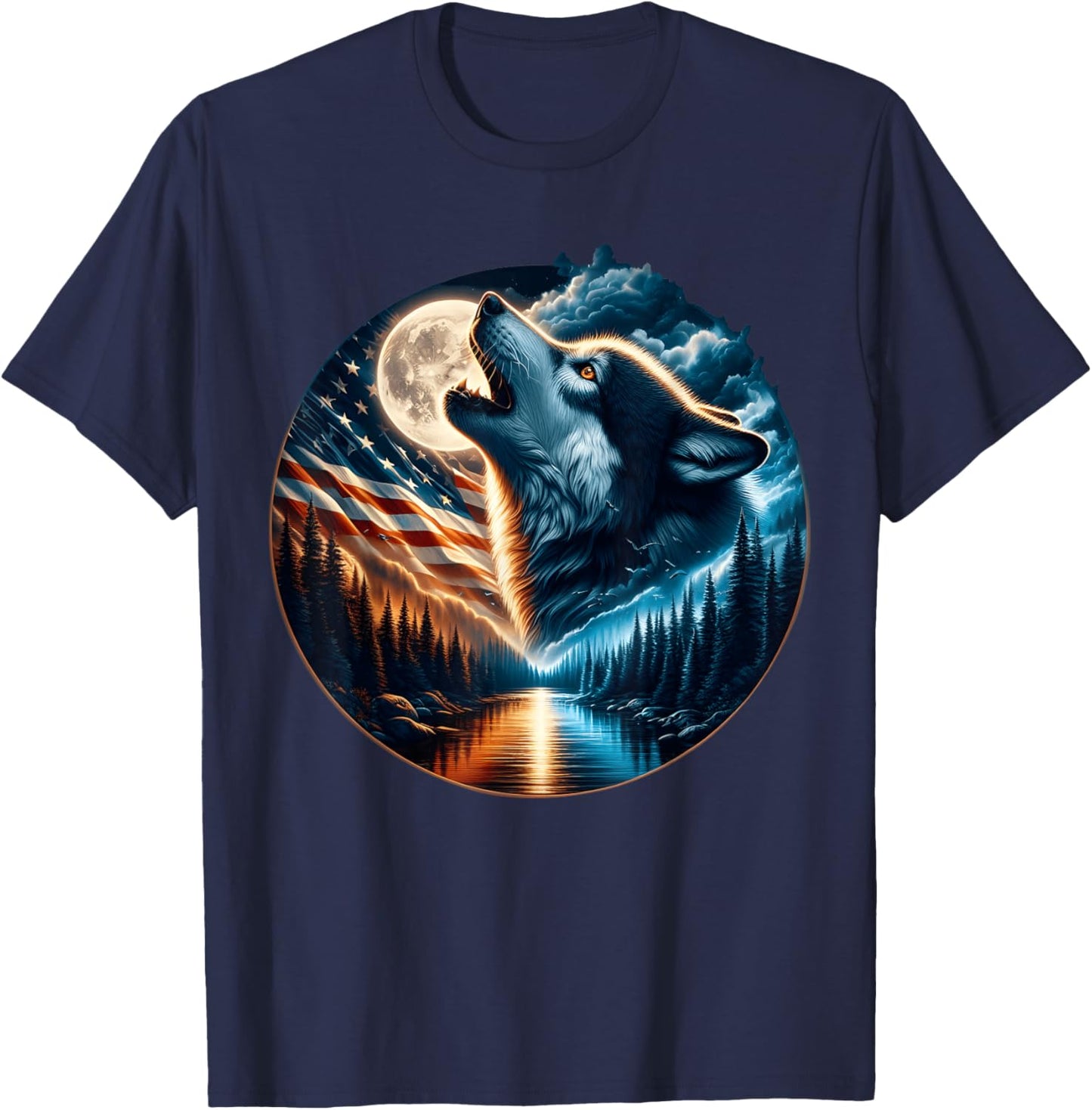 Wolf Howling Moon Wolves 4th of July American Flag Wildlife T-Shirt - T-Shirt | Navy