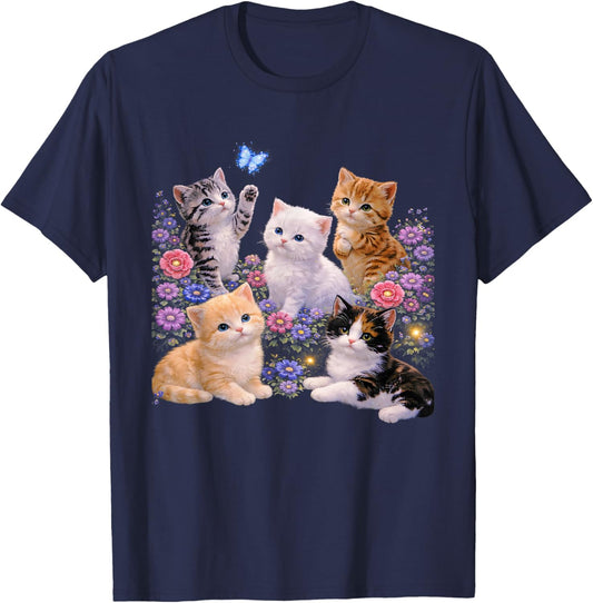 Cute Flower Kitten Graphic Vintage Floral Cat Lover T-Shirt - T-Shirt | Navy
