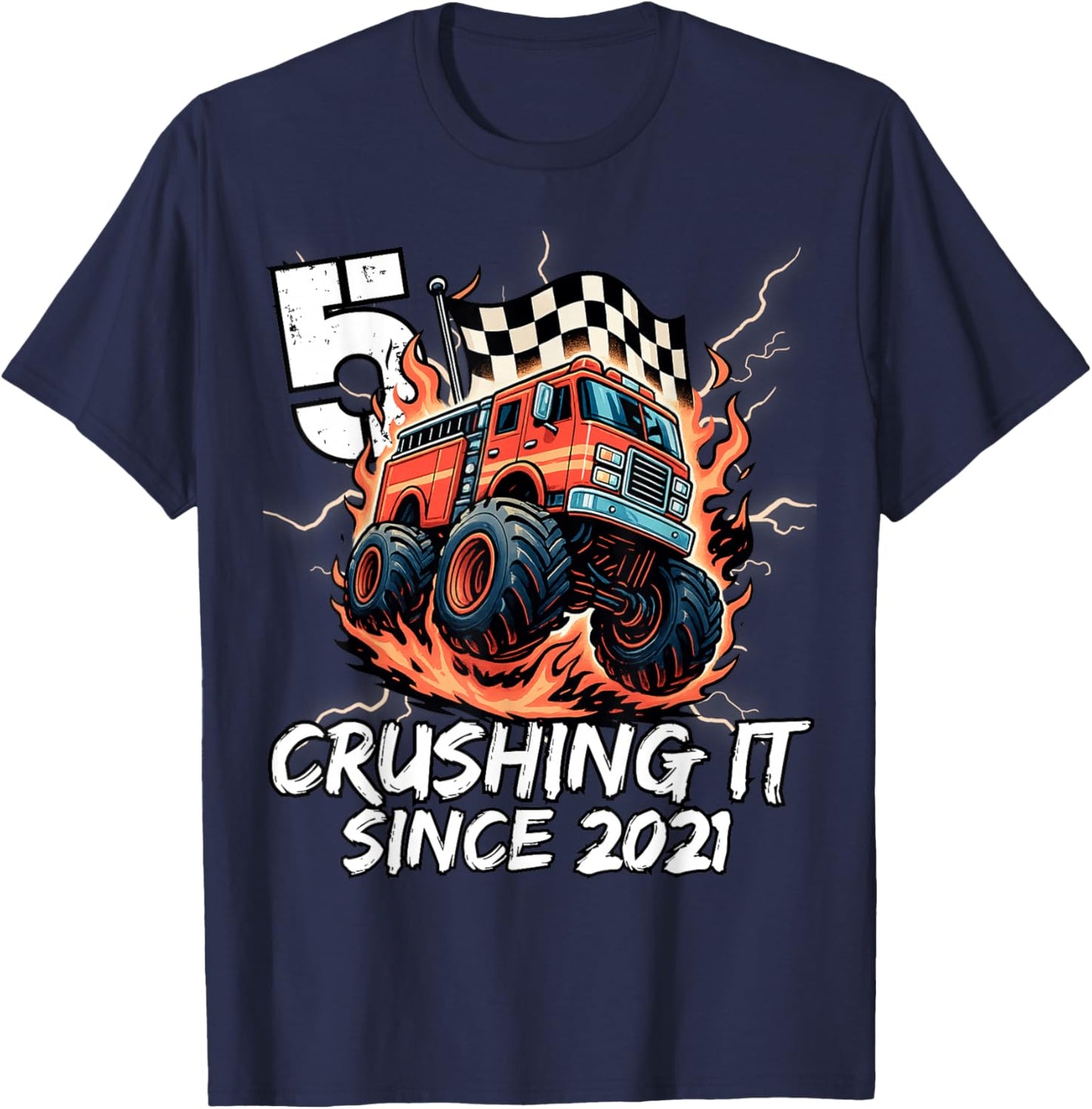 Birthday Firefighter 5 Year Old Boy 5th Bday Party Born 2021 T-Shirt - T-Shirt | Navy