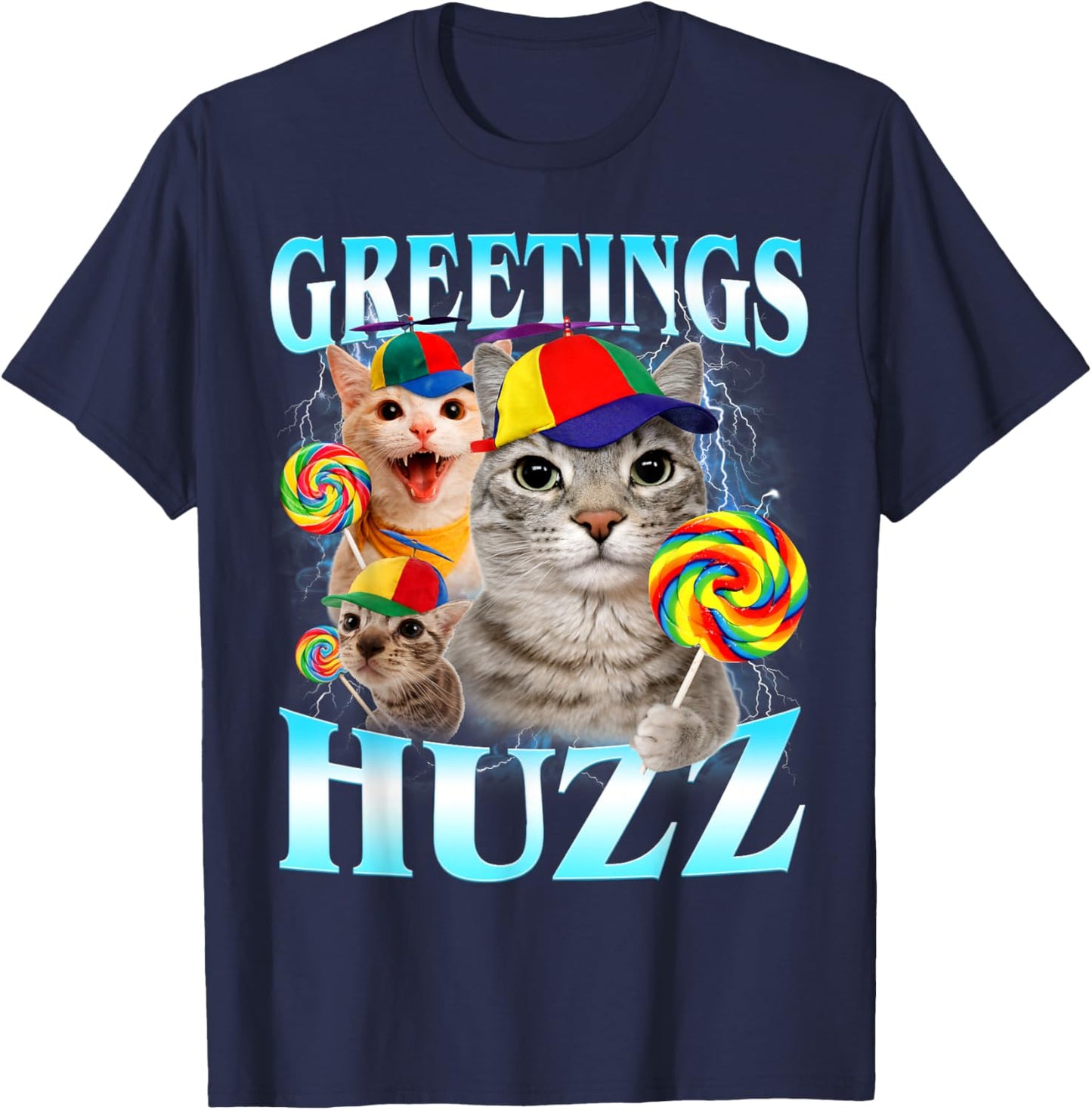 Greetings Huzz Funny Silly Cats Meme T-Shirt - T-Shirt | Navy