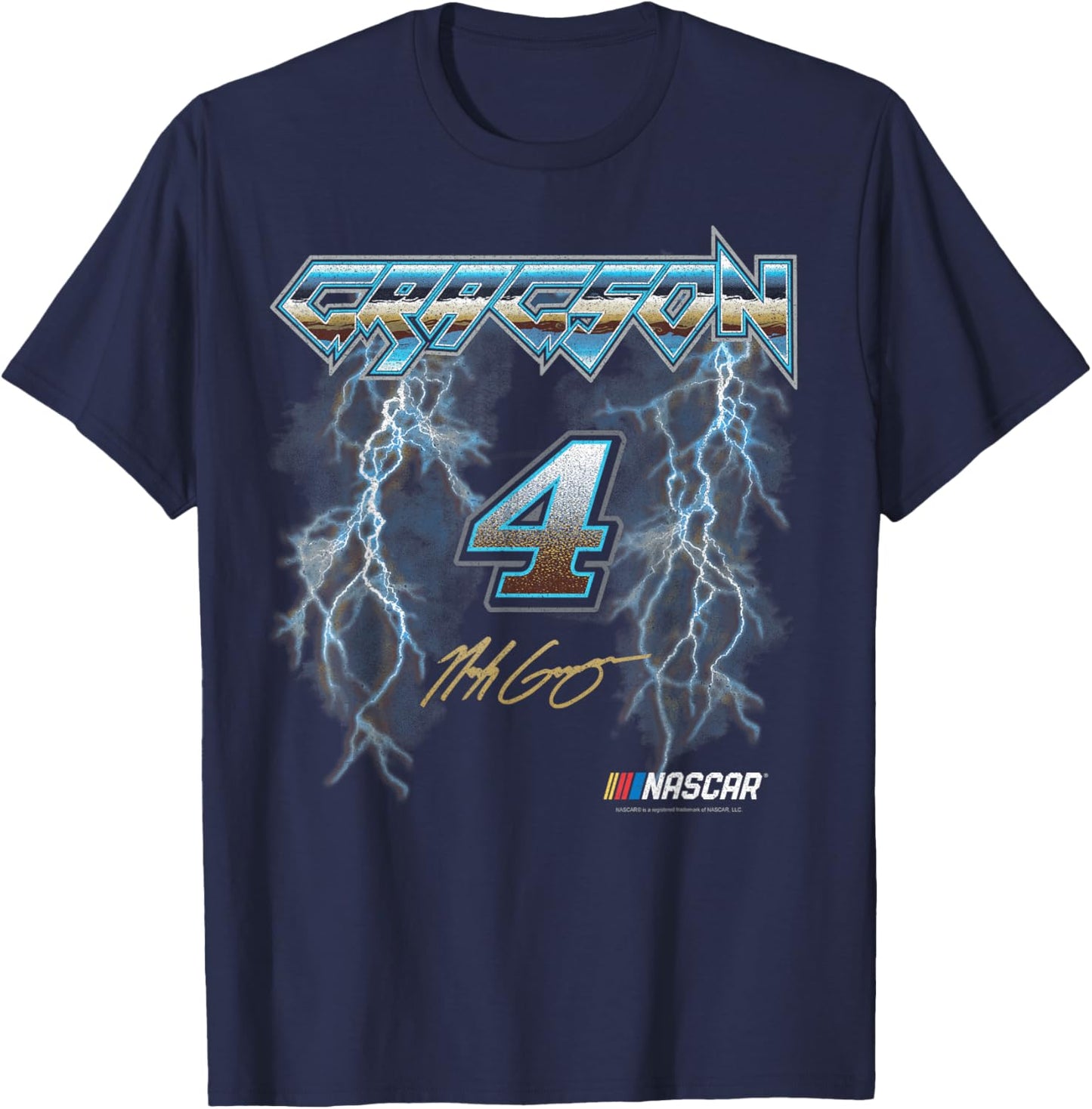 NASCAR Noah Gragson No. 4 Lightning Metalic Neon Blue Text T-Shirt - T-Shirt | Navy