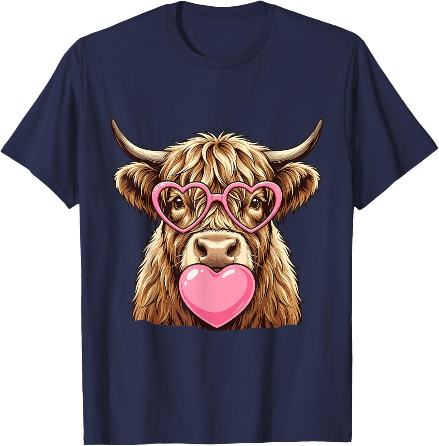 Cute Highland Cow Blowing Pink Valentine Heart Bubble Gum T-Shirt - T-Shirt | Navy
