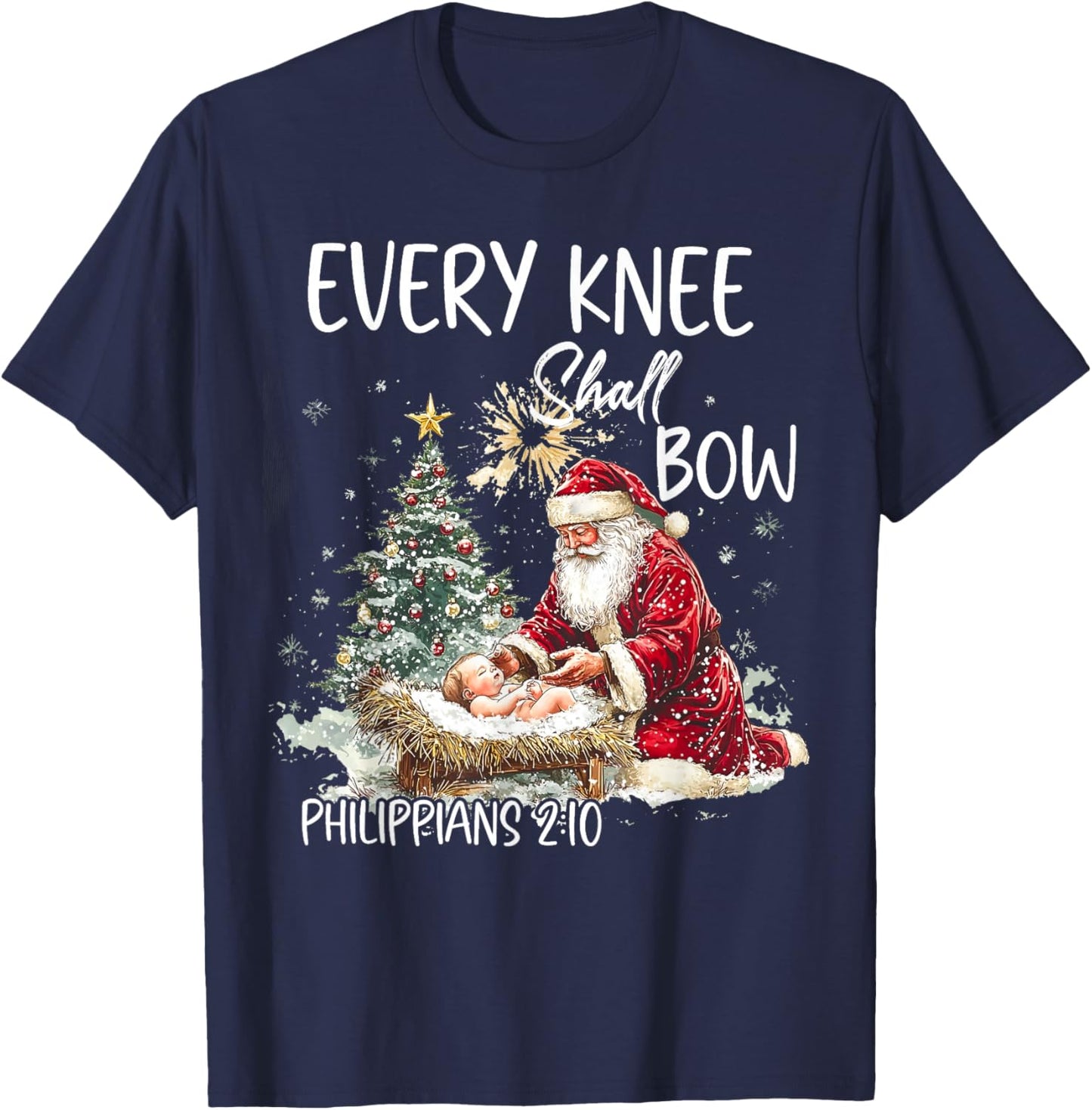 Every Knee Shall Bow Jesus Christian Christmas Santa Pajamas T-Shirt - T-Shirt | Navy