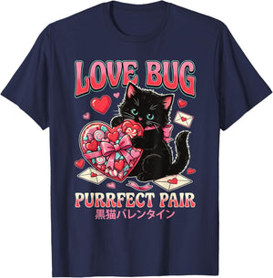 Cute Black Cat Valentine Heart Candy Sweet Kitty Aesthetic T-Shirt - T-Shirt | Navy