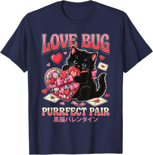 Cute Black Cat Valentine Heart Candy Sweet Kitty Aesthetic T-Shirt - T-Shirt | Navy