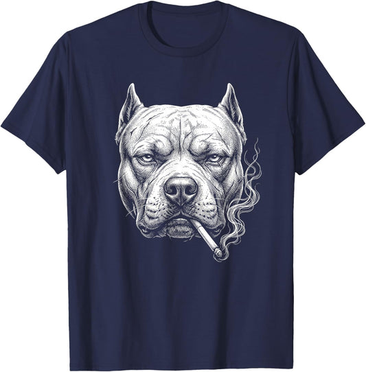 Funny Pitbull Dog Smoking Cigarette Brainrot Meme Dad T-Shirt - T-Shirt | Navy