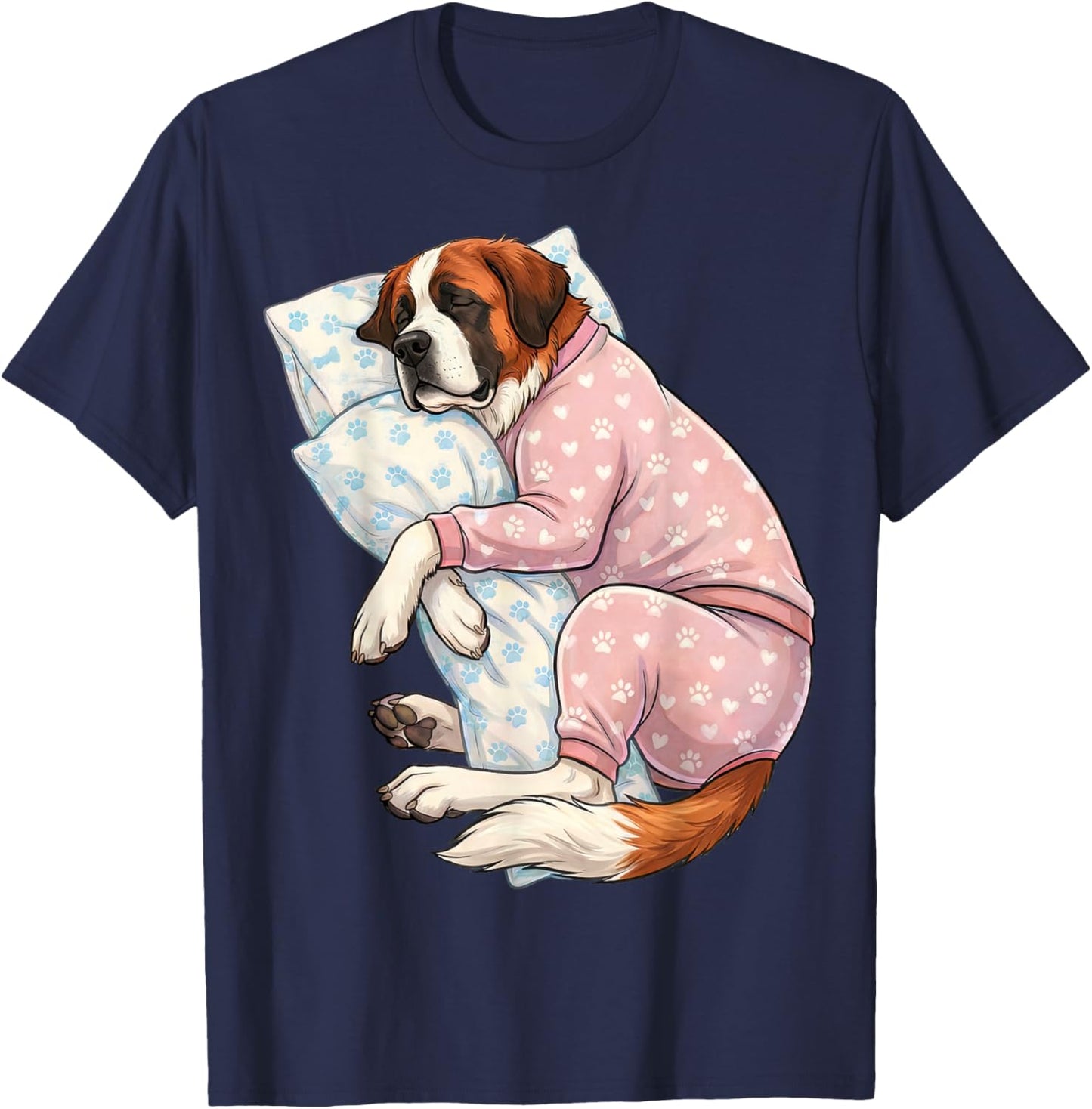 Cute Saint Bernard Dog Sleeping in Pajamas Bedtime Art T-Shirt - T-Shirt | Navy