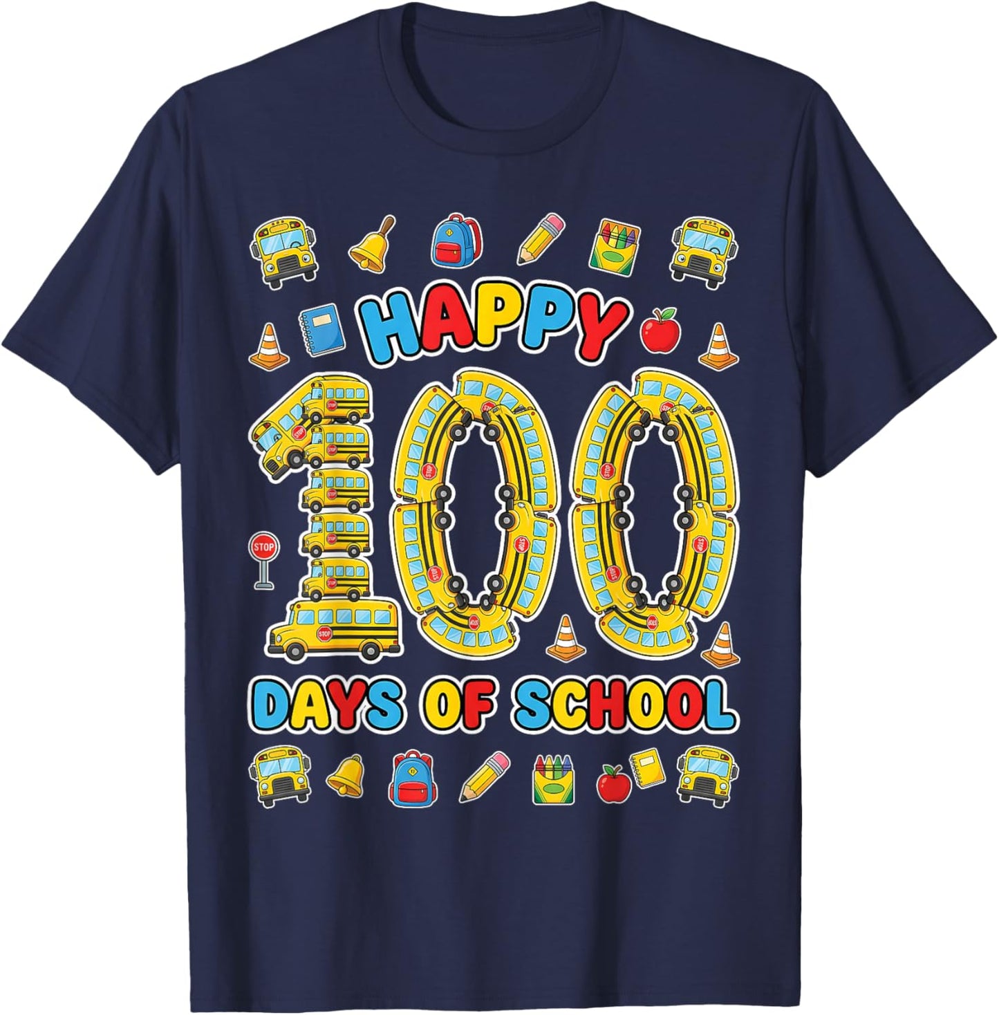 Happy 100th Day of School Bus Driver 100 Days of School Kids T-Shirt - T-Shirt | Navy