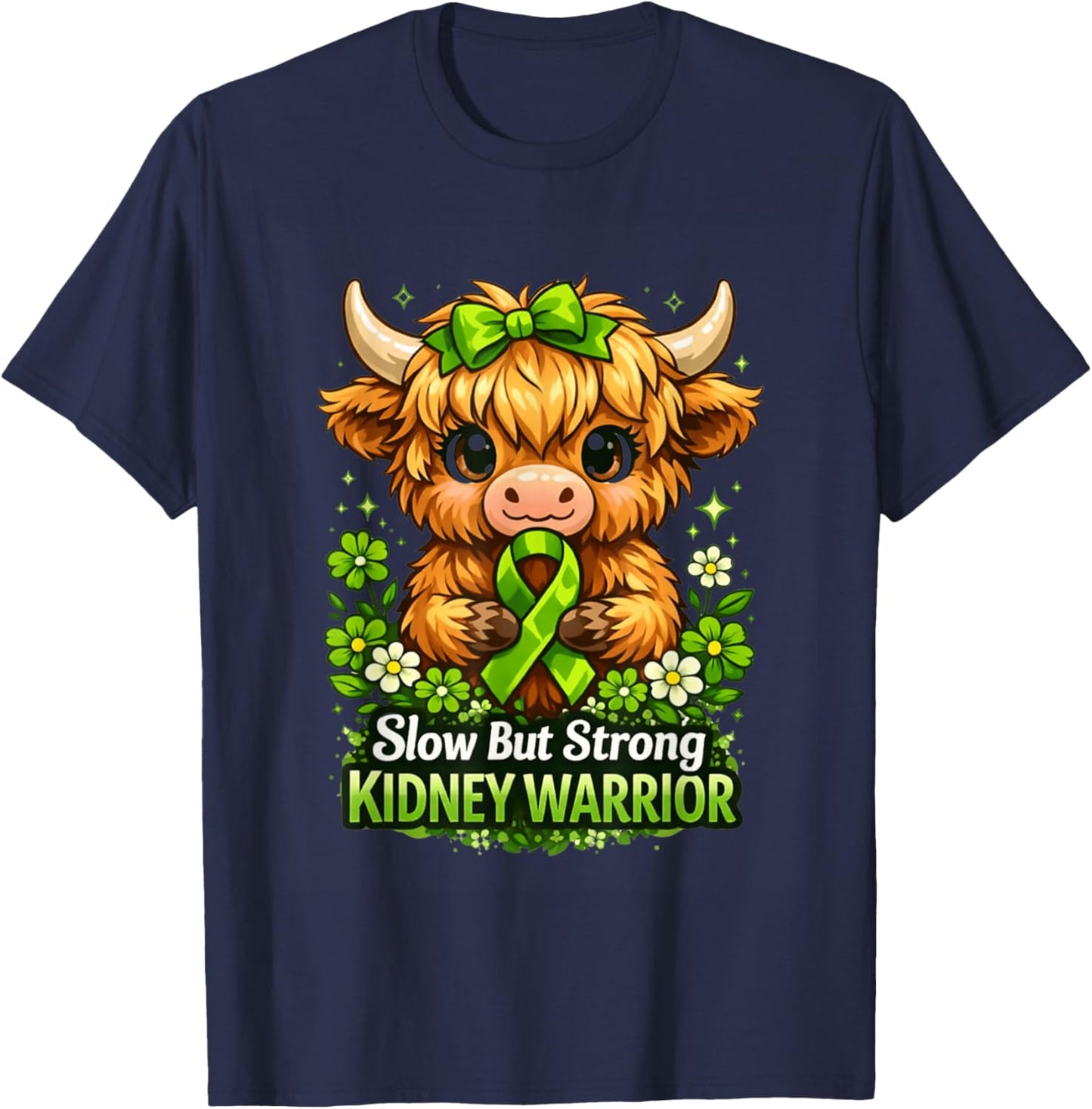 Slow But Strong Kidney Warrior Highland Cow Disease Awarenes T-Shirt - T-Shirt | Navy