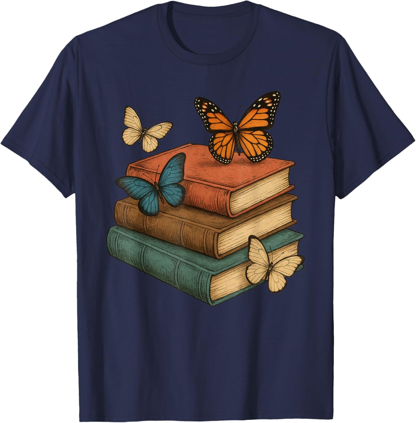Butterflies and Books Cute Butterfly T-Shirt - T-Shirt | Navy