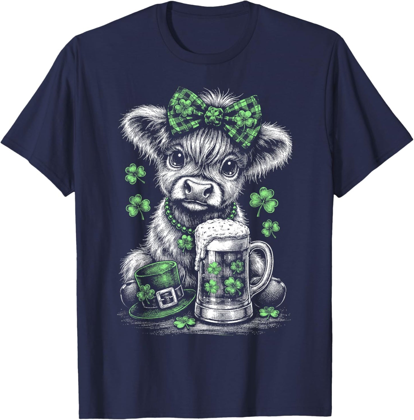 St Patrick's Day Highland Cow Green Plaid Bow Lucky Shamrock T-Shirt - T-Shirt | Navy