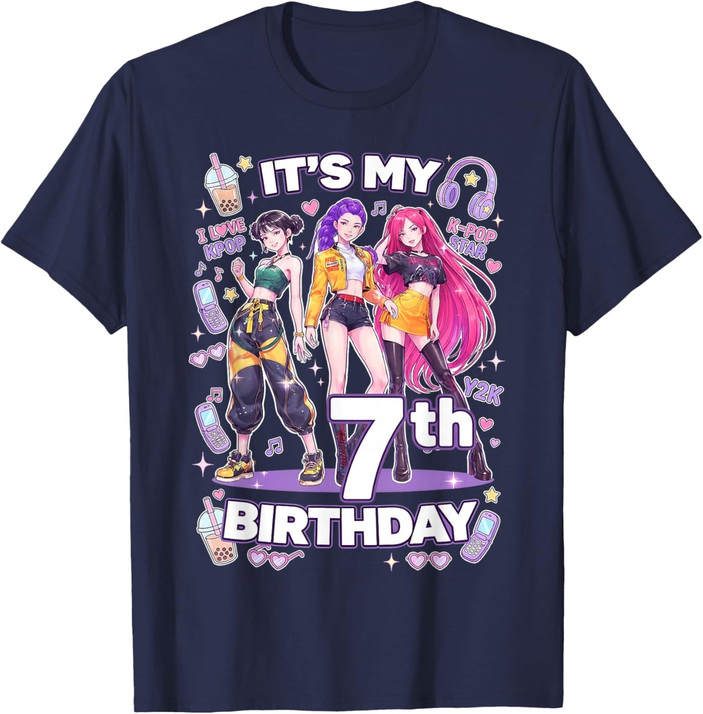 7th Birthday 7 Year Old Girl Korean Pop Kpop Bday Party T-Shirt - T-Shirt | Navy