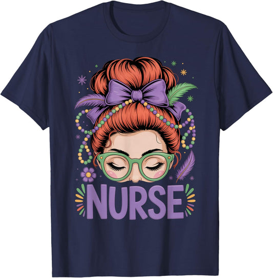 Redhead Nurse Mardi Gras Nursing Student RN LPN CNA HHA NP T-Shirt - T-Shirt | Navy