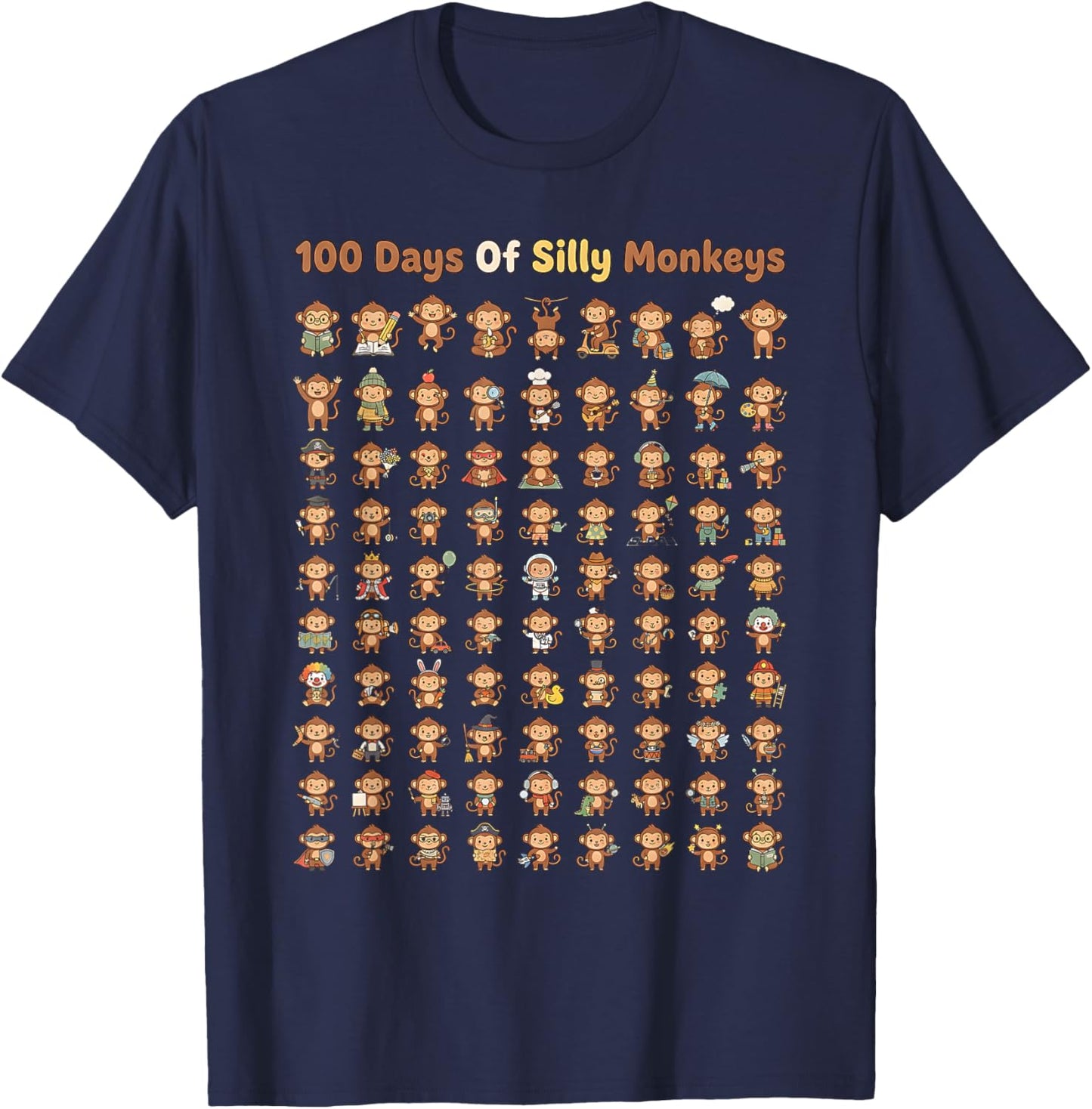 Funny 100th Day of School Teacher 100 Days of Silly Monkeys T-Shirt - T-Shirt | Navy