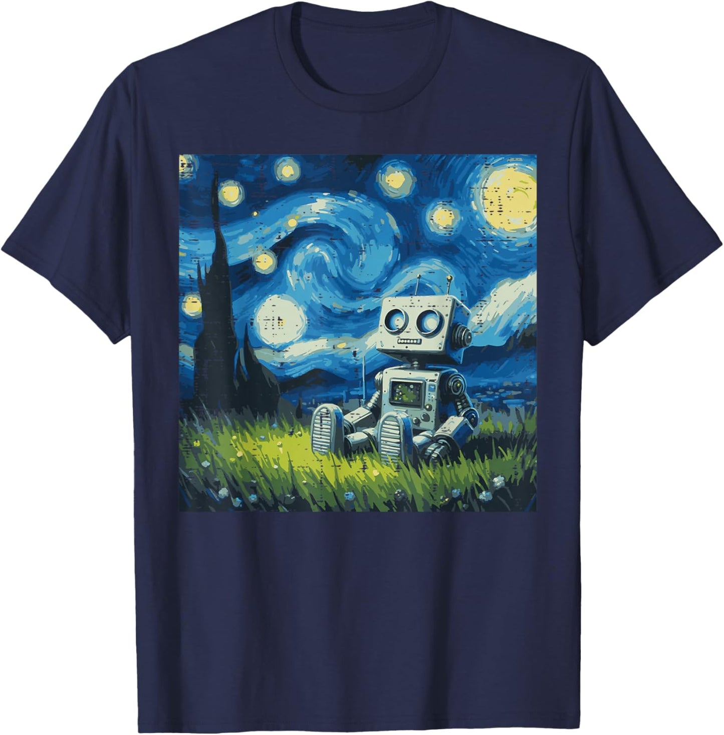 Starry Night Robot Funny Painting Art Meme Kids Men Women T-Shirt - T-Shirt | Navy