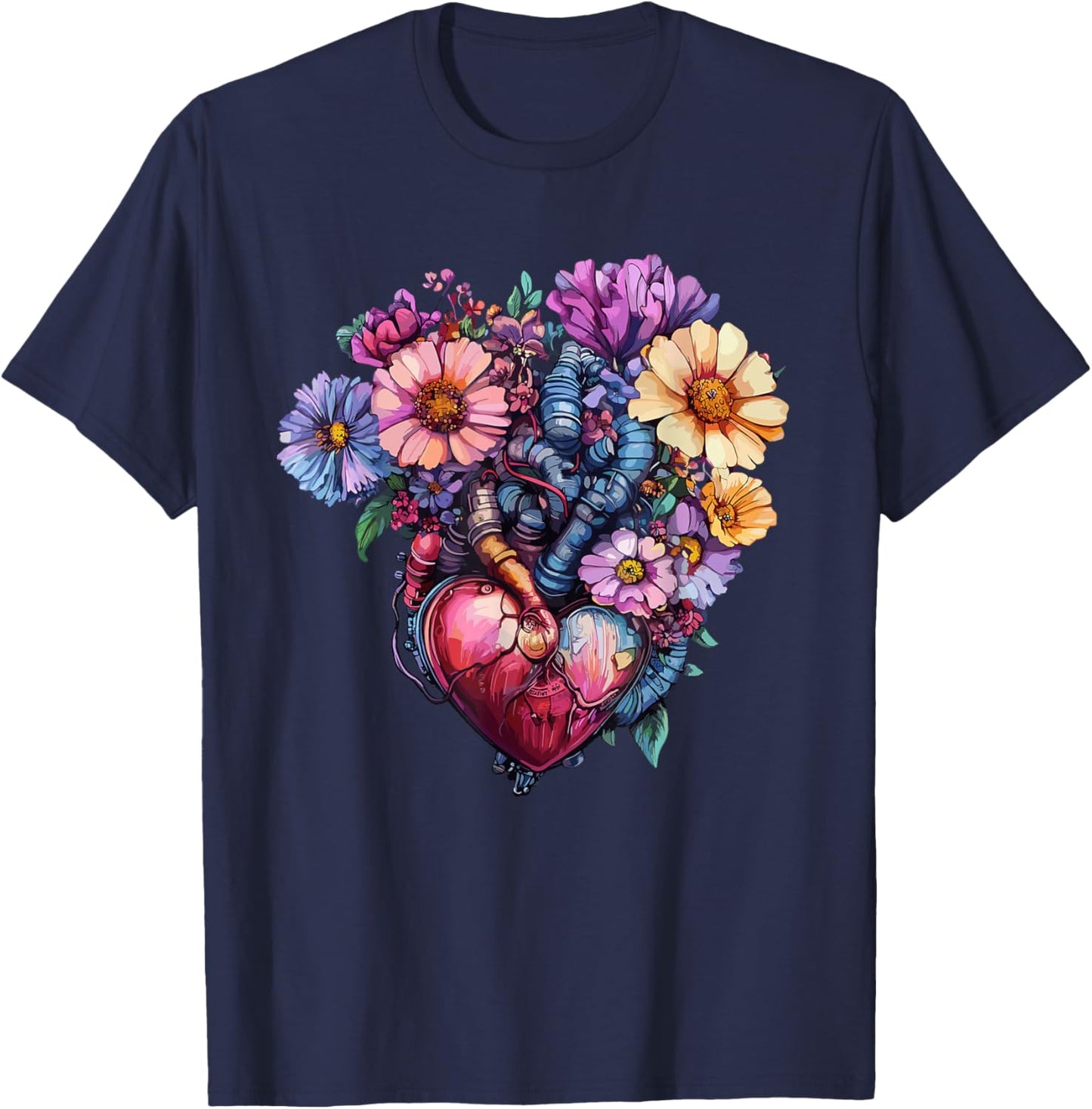 Anatomical Heart with Colorful Wildflowers T-Shirt - T-Shirt | Navy