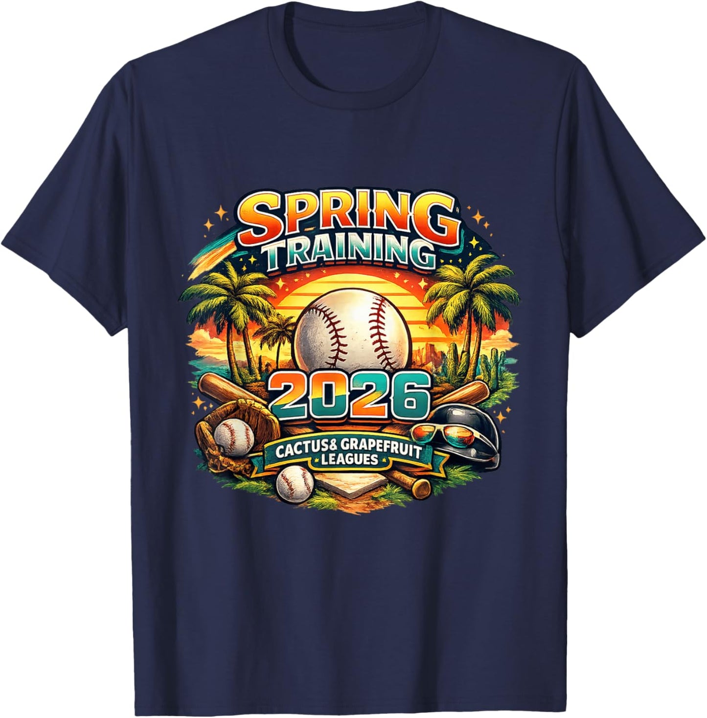 Spring Training 2026 Retro Baseball Design Palm Cactus T-Shirt - T-Shirt | Navy