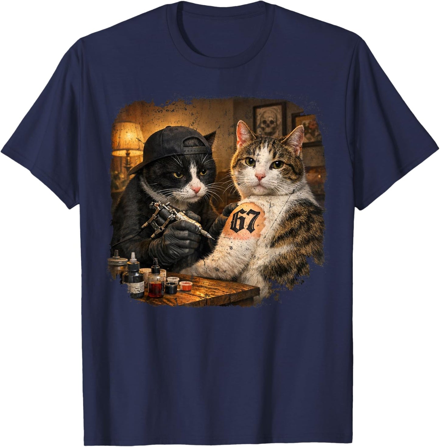 Vintage Cat Tattoo Inked Kitty Artist Funny 67 Meme T-Shirt - T-Shirt | Navy