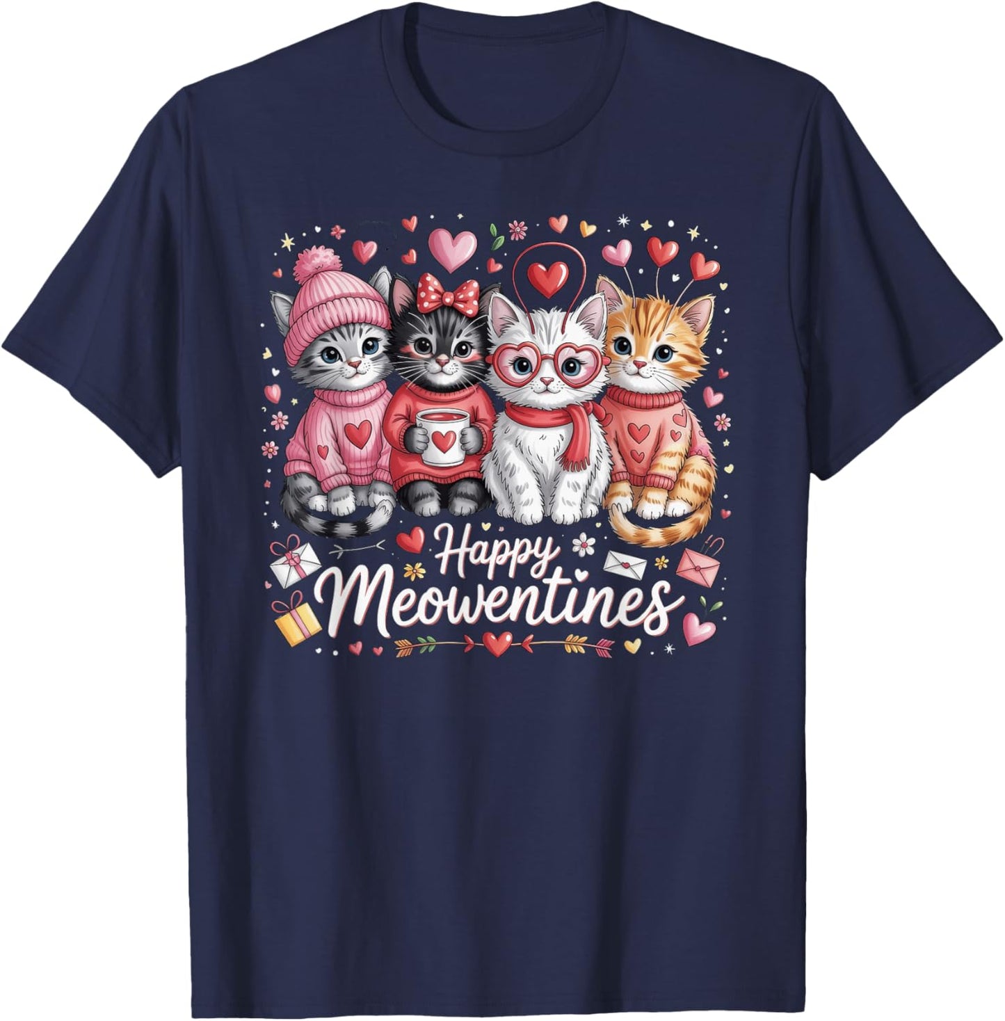 Happy Meowentines Valentine Cat Lovers T-Shirt - T-Shirt | Navy