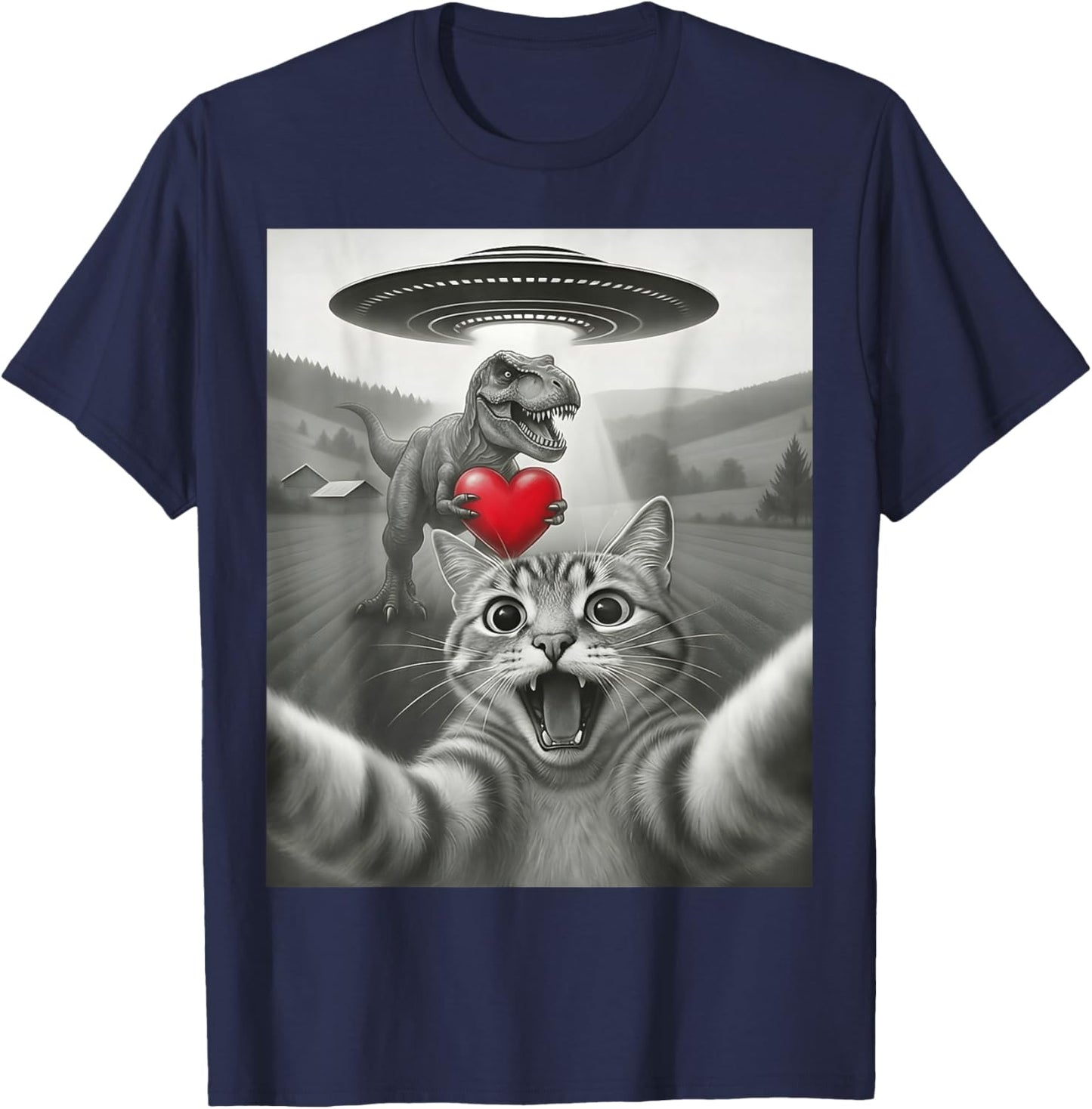Scared Cat Selfie with Dinosaur TRex Valentines Cat Lover T-Shirt - T-Shirt | Navy
