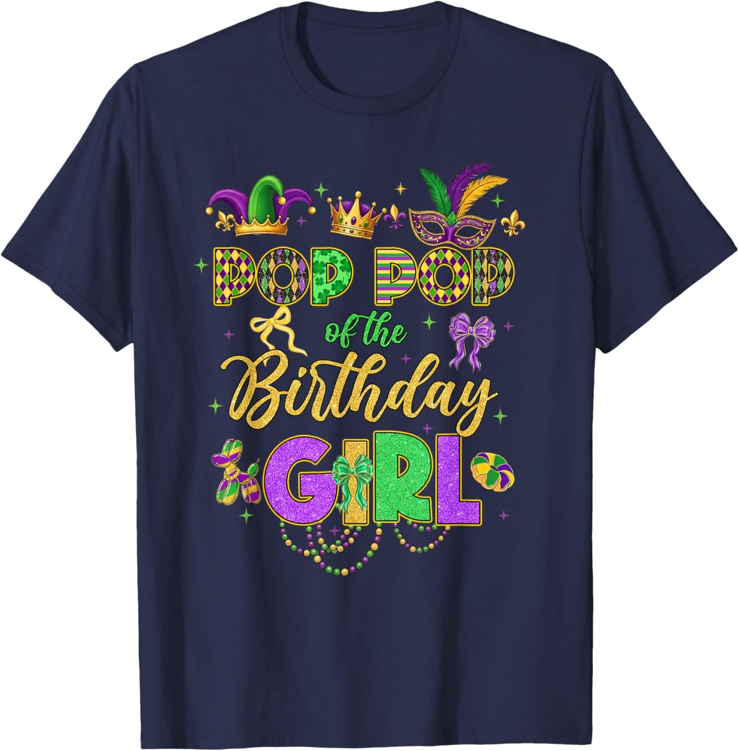Pop Pop of The Birthday Girl Coquette Bow Mardi Gras Party T-Shirt - T-Shirt | Navy