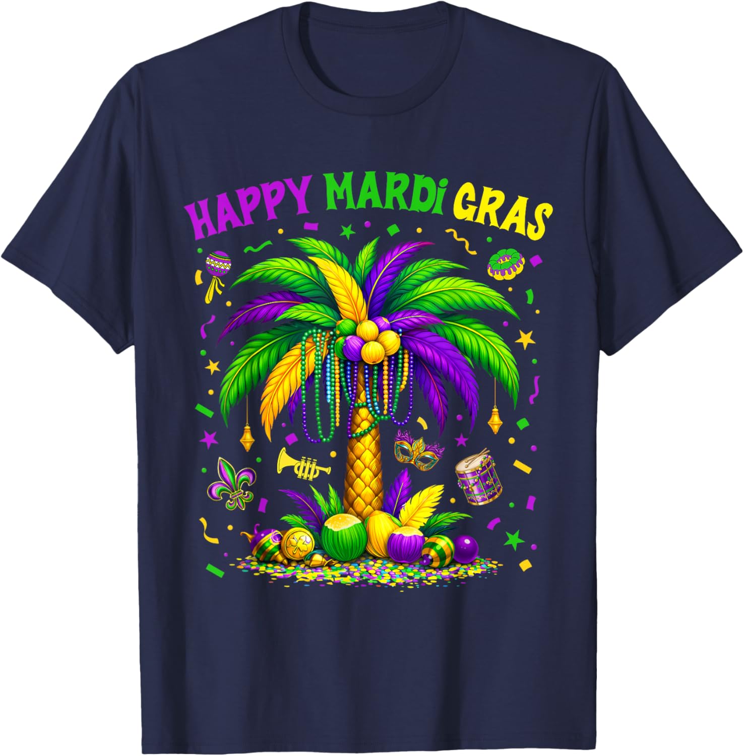 Palm Tree Hawaiian Tropical Party Mardi Gras Men Women Kids T-Shirt - T-Shirt | Navy