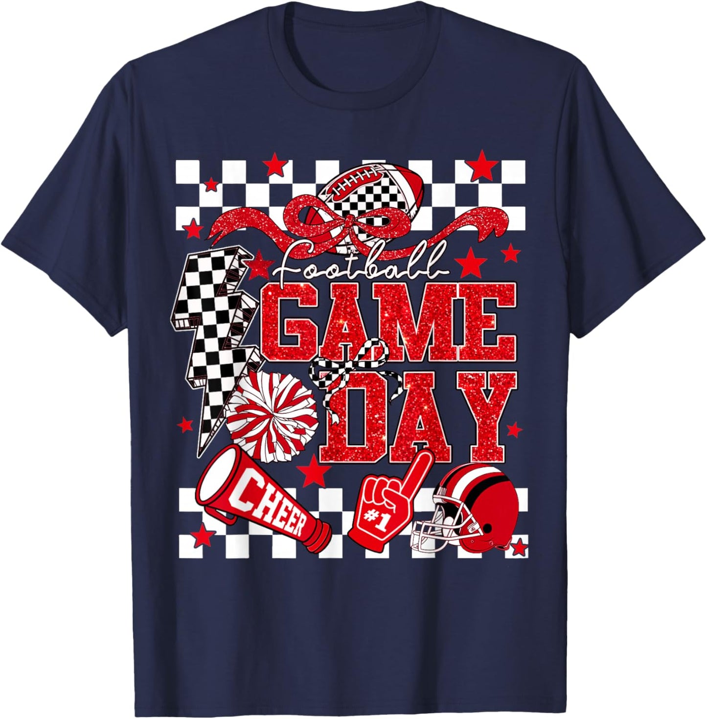 Game Day Football Red Black Touchdown Dad Mom Girls Go Cheer T-Shirt - T-Shirt | Navy