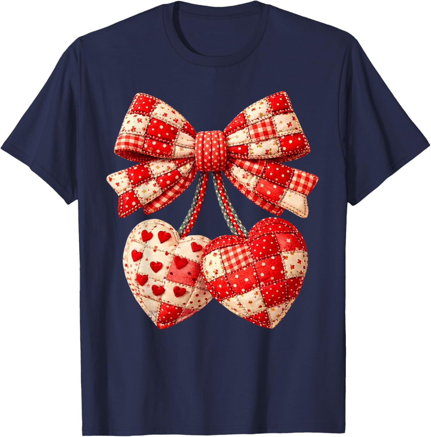 Valentine Hearts Bow Patchwork Graphic Art Romantic Quilted T-Shirt - T-Shirt | Navy