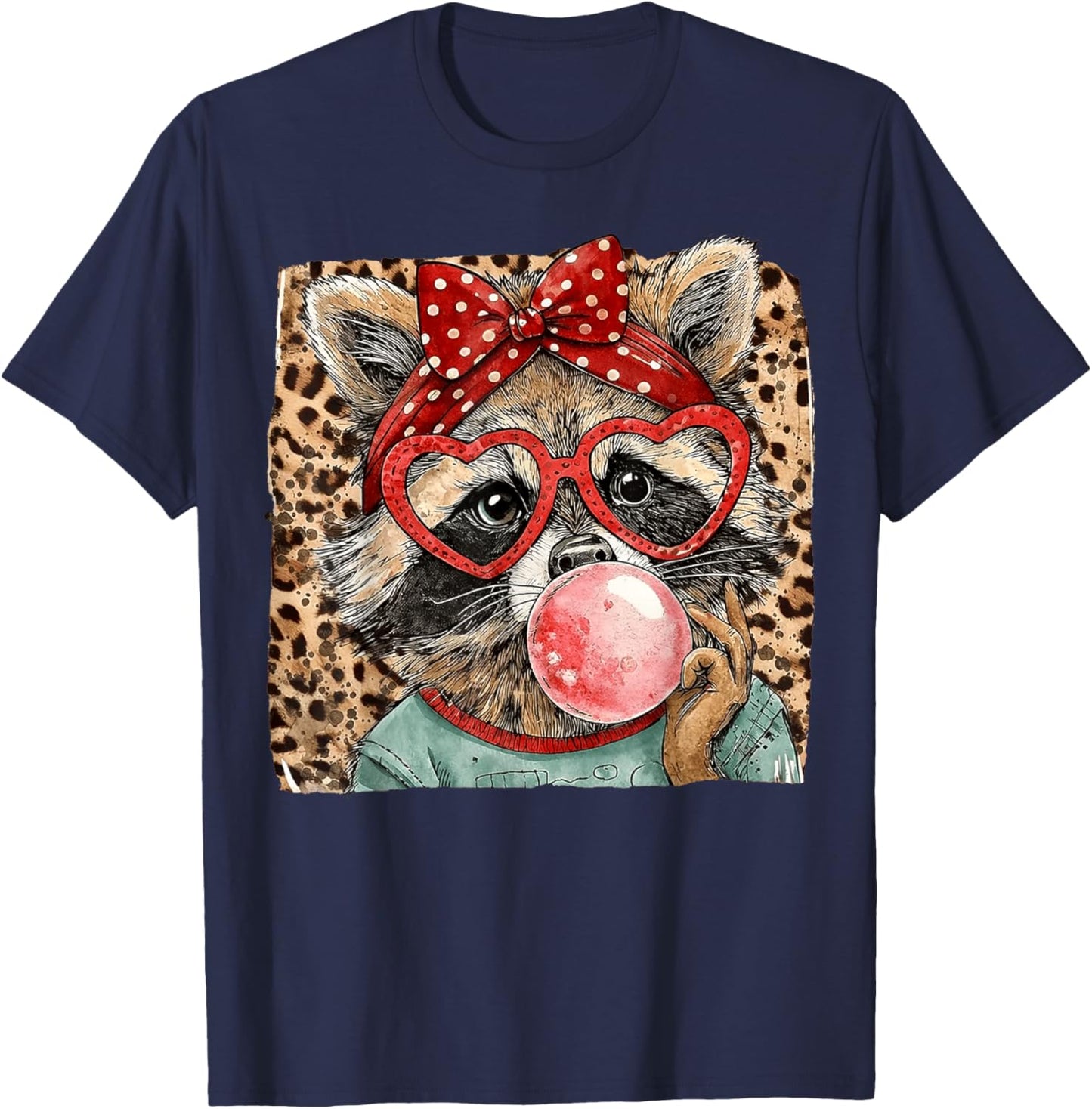 Vintage Leopard Racoon Bow Blowing Bubble Gum Valentine T-Shirt - T-Shirt | Navy
