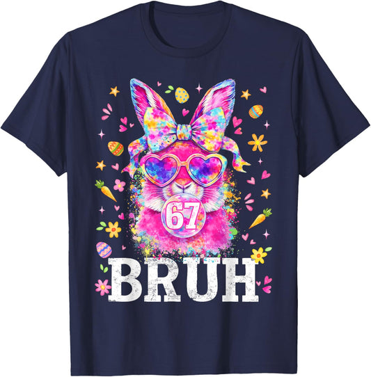 67 Bruh Bunny Face with Tie Dye Glasses Six Seven Easter Day T-Shirt - T-Shirt | Navy