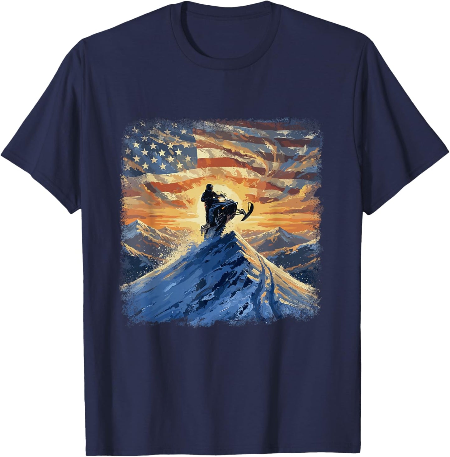 USA Flag Snowmobiling Mountain Sunrise Snowmobile Rider T-Shirt - T-Shirt | Navy