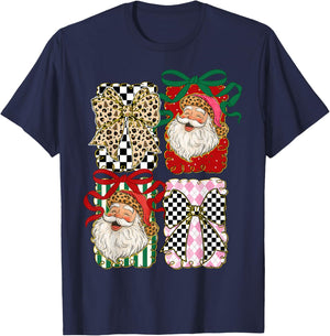 Vintage Santa Coquette Leopard Bow Preppy Christmas Holiday T-Shirt - T-Shirt | Navy