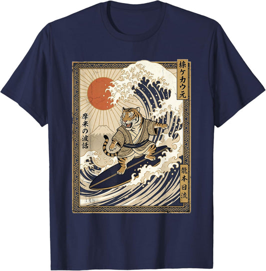 Tiger Japanese Funny Surfing Kanagawa Wave Samurai T-Shirt - T-Shirt | Navy