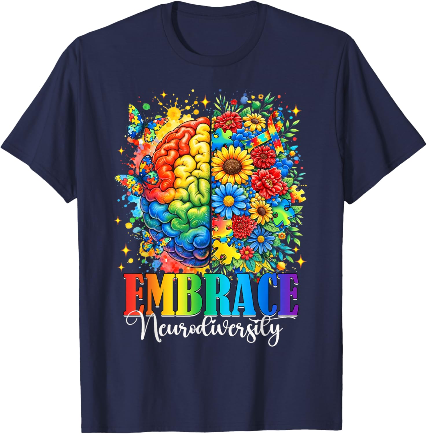 Embrace Neurodiversity Brain Autism Awareness SPED Teacher T-Shirt - T-Shirt | Navy
