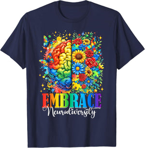 Embrace Neurodiversity Brain Autism Awareness SPED Teacher T-Shirt - T-Shirt | Navy