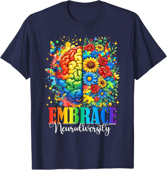Embrace Neurodiversity Brain Autism Awareness SPED Teacher T-Shirt - T-Shirt | Navy