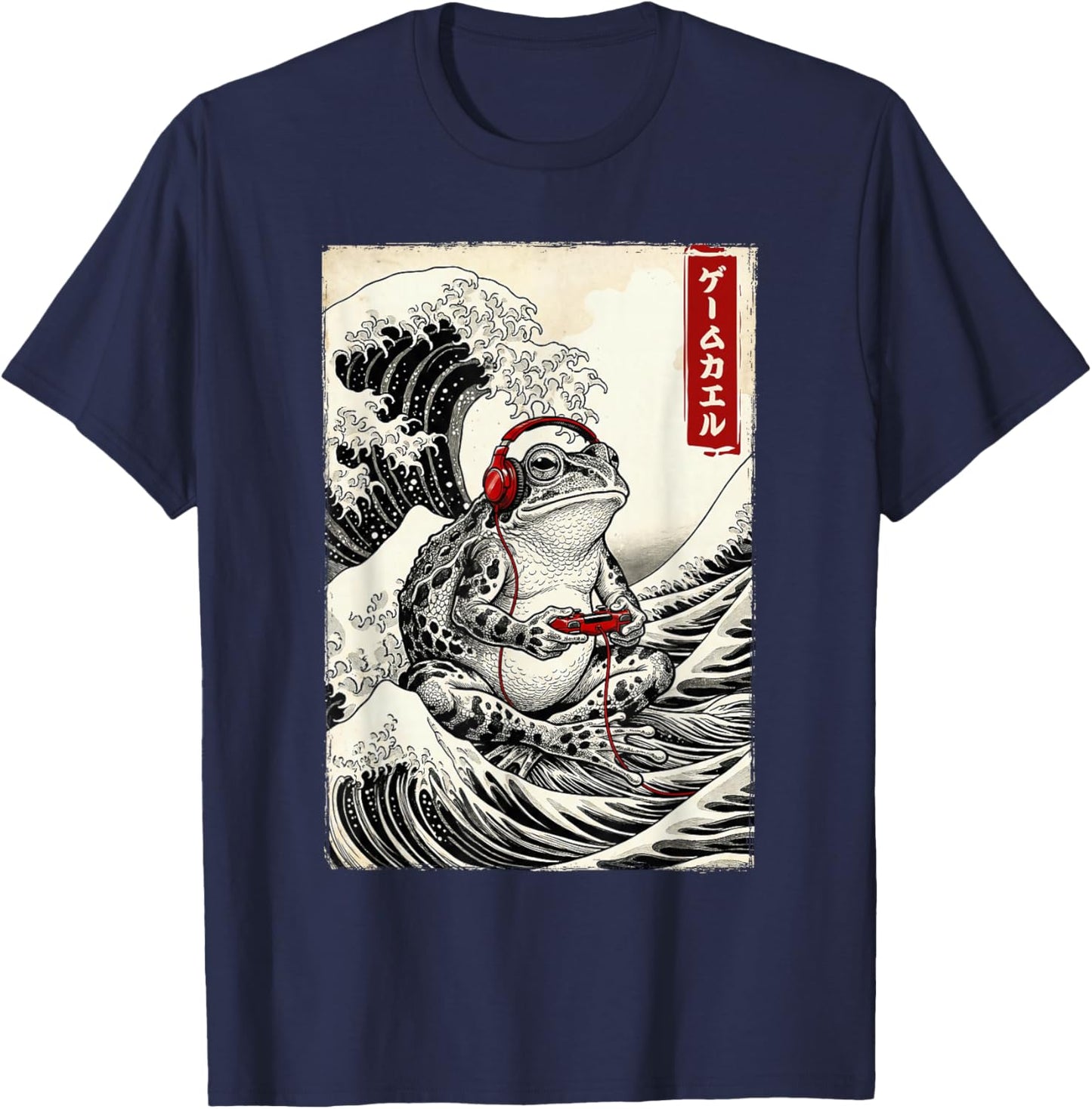 Japanese Kaeru Frog Gamer Playing Video Games Kids Boys Girl T-Shirt - T-Shirt | Navy