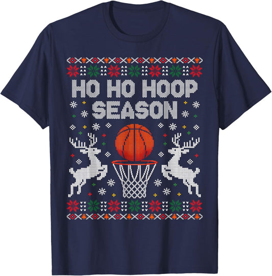 Basketball Christmas Ugly Sweater Ho Ho Hoop Season Dunk T-Shirt - T-Shirt | Navy