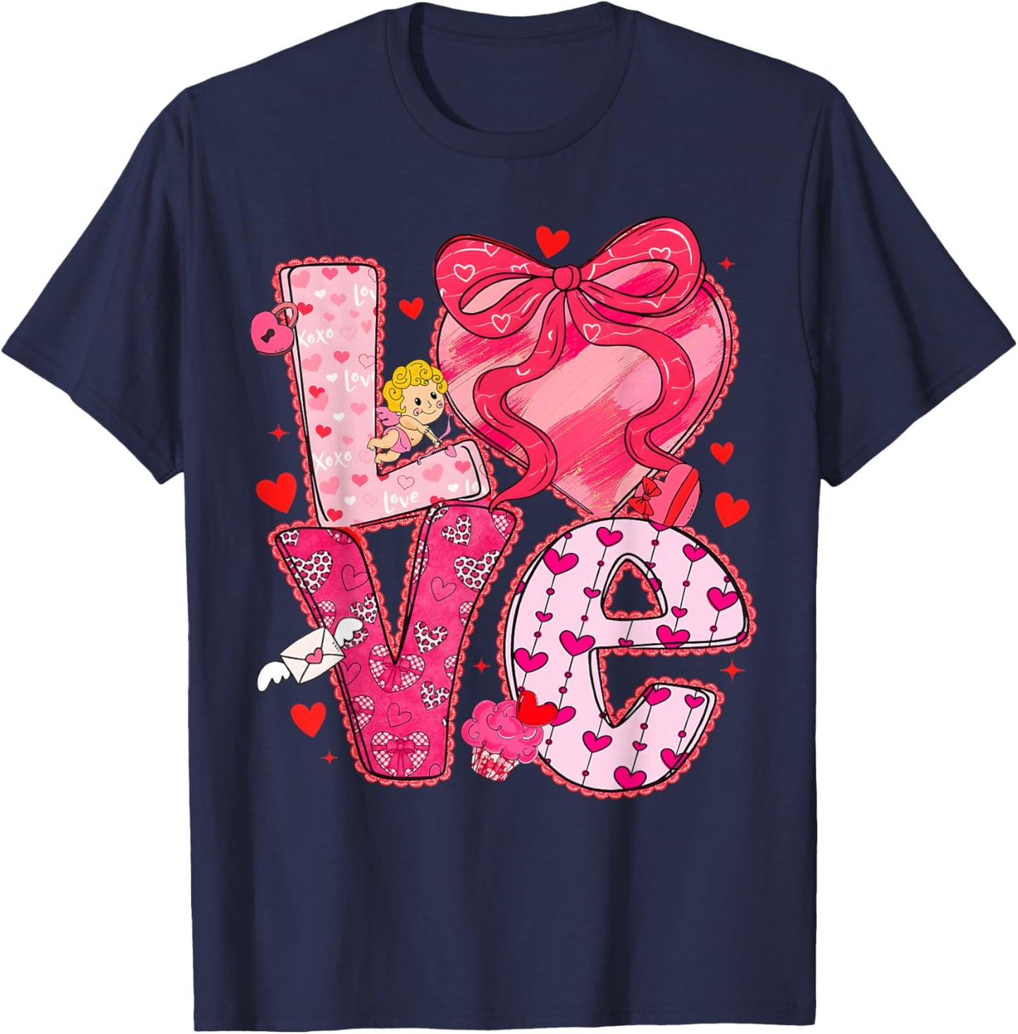 Valentine Love Heart Coquette Bow Cute Women Kids Girl T-Shirt - T-Shirt | Navy