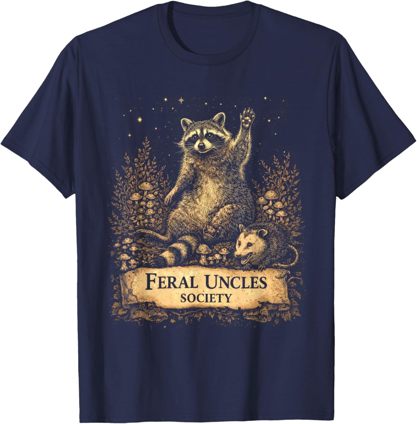 Feral Uncles Society Funny Raccoon & Opossum Vintage Graphic T-Shirt - T-Shirt | Navy