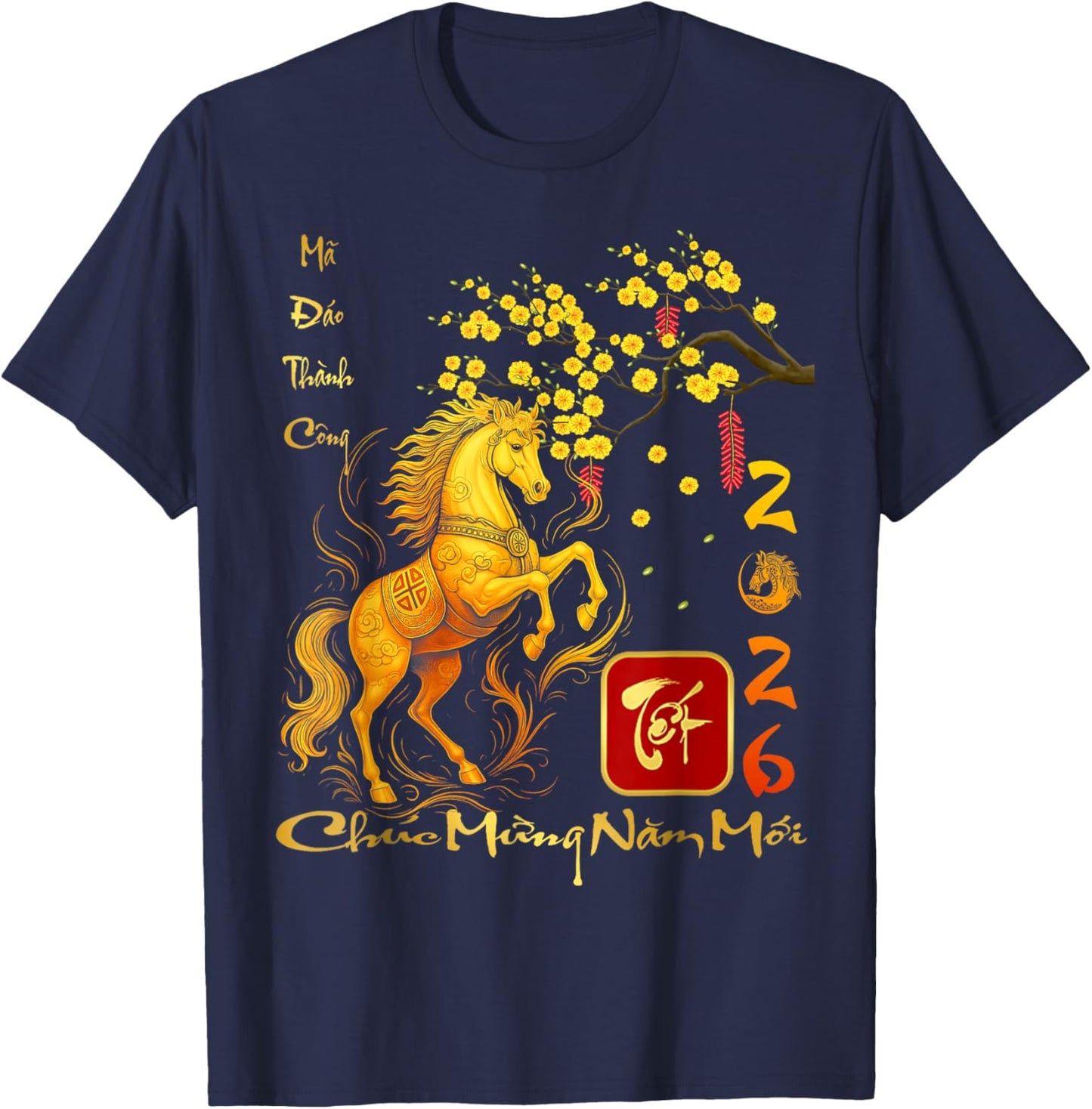 Peach Blossom Vietnamese Lunar New Year Horse 2026 Chinese T-Shirt - T-Shirt | Navy