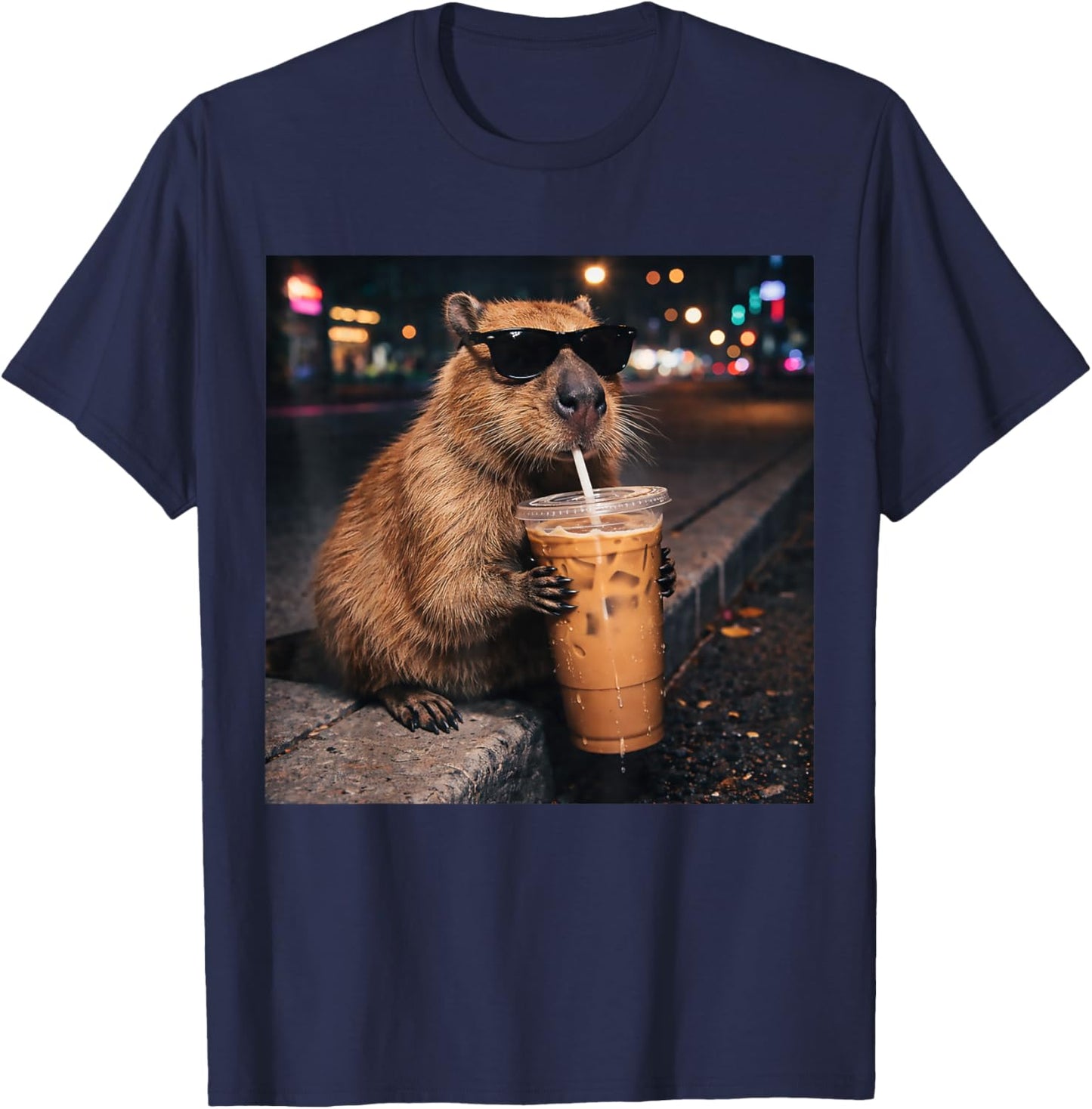 Funny Capybara Drinking Iced Coffee Lover Animal Meme T-Shirt - T-Shirt | Navy