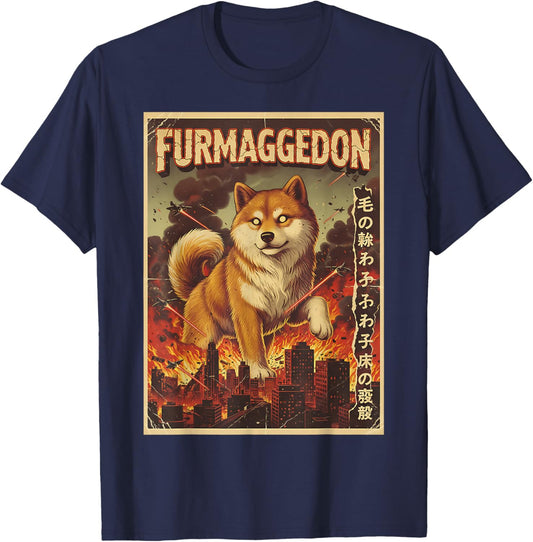 Furmageddon Japanese Vintage Movie Funny Dog Shiba Graphic T-Shirt - T-Shirt | Navy
