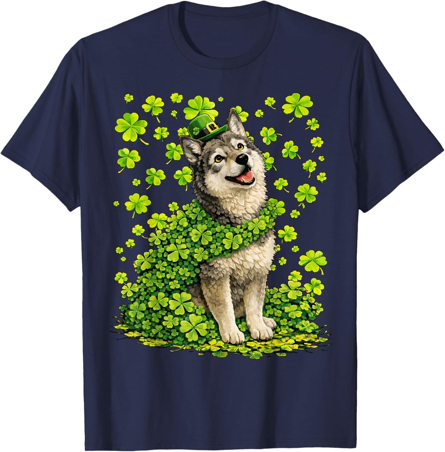 Lucky Wolf with Shamrocks Clovers St Patricks Day Animal T-Shirt - T-Shirt | Navy