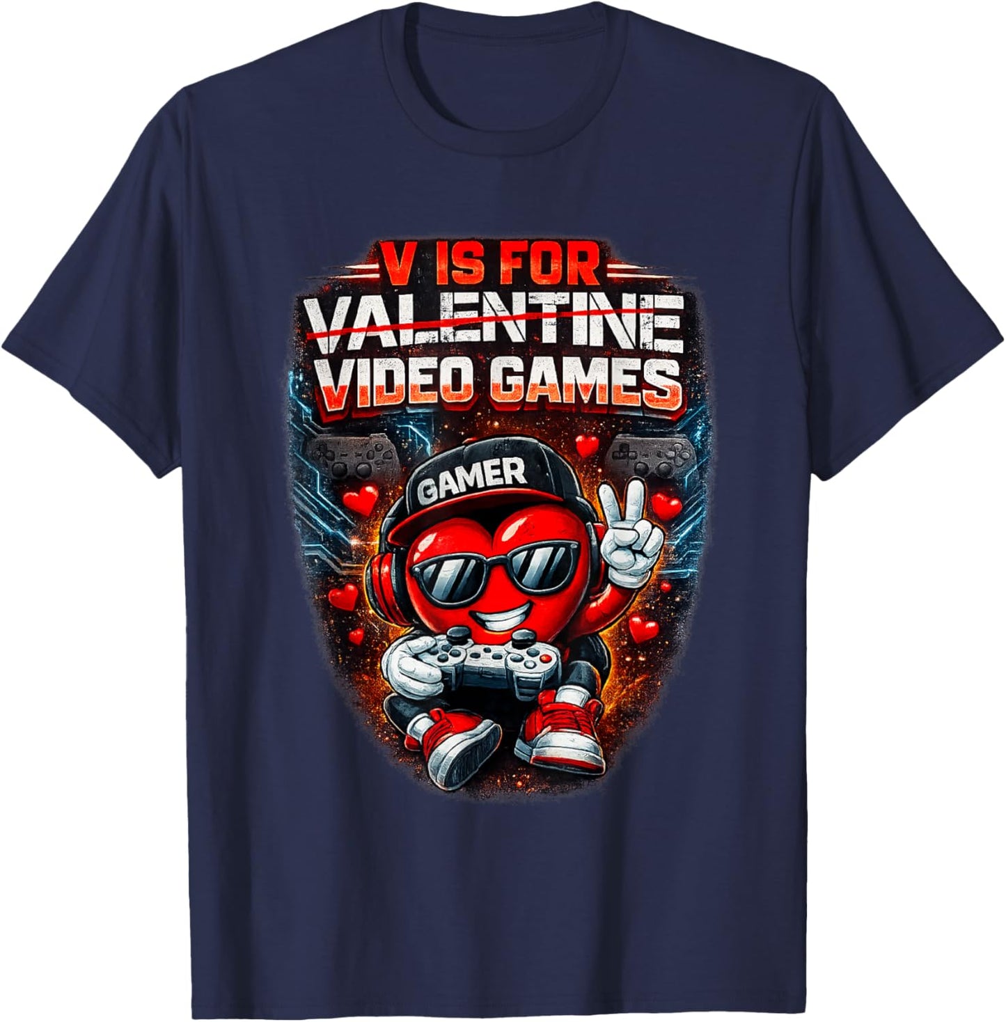 V is for Video Games Funny Valentines Gamer Boy Men Kids T-Shirt - T-Shirt | Navy