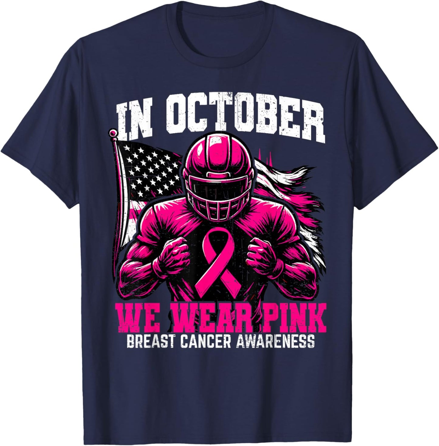 in October we Wear Pink USA Flag Breast Cancer Awareness T-Shirt - T-Shirt | Navy